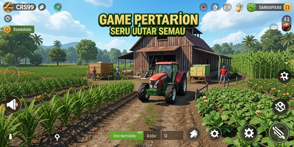 Screenshot menunjukkan gameplay pertanian yang seru dan interaktif.