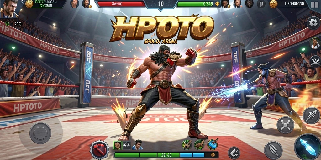 Tampilan aksi pertarungan seru di HPTOTO dengan karakter yang beragam.