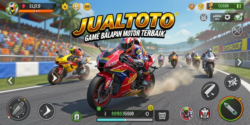 Screenshot gameplay JUALTOTO menunjukkan balapan motor yang mendebarkan.