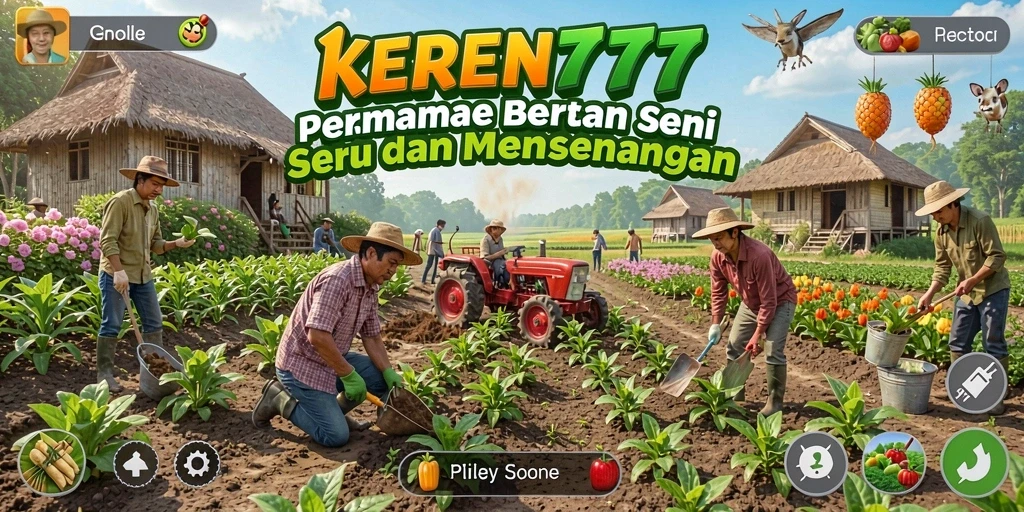 Tangkapan layar dari gameplay <strong>KEREN777</strong> yang menunjukkan aktivitas berkebun dan perawatan tanaman.