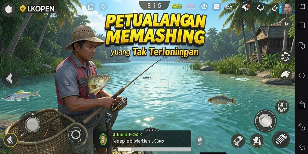 Screenshot LKOPEN menampilkan pemain yang menangkap ikan besar di lokasi memancing yang indah.