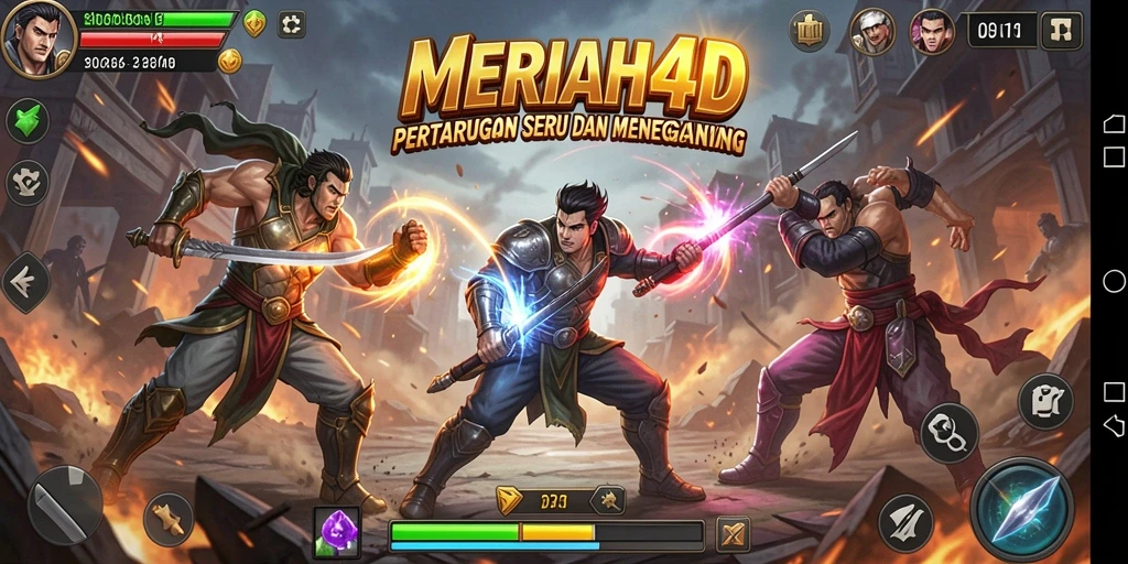 Tangkapan layar utama dari gameplay MERIAH4D menampilkan pertarungan yang mendebarkan.