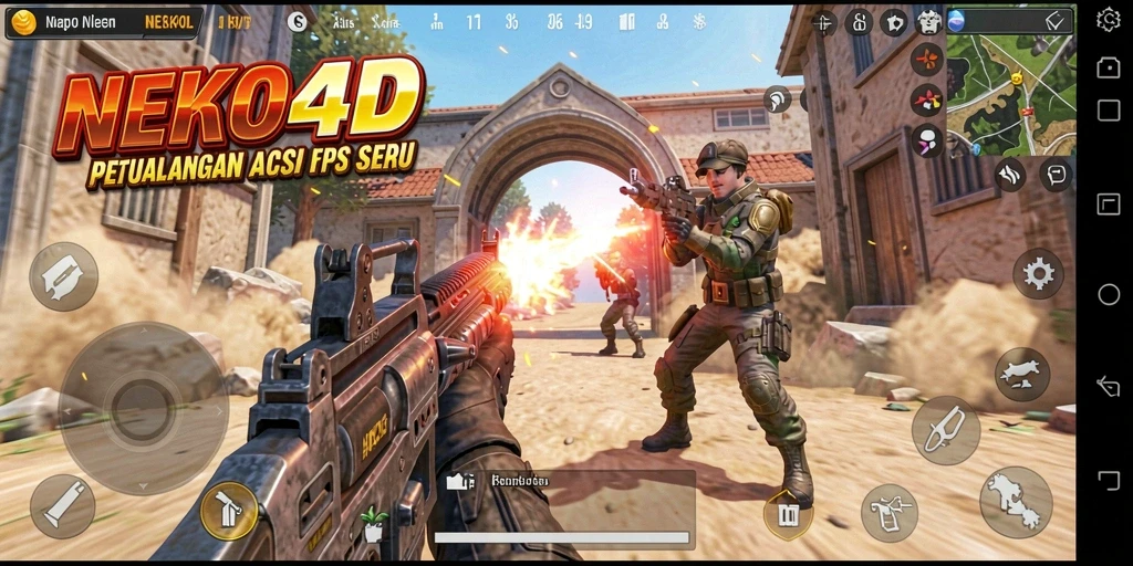Screenshot gameplay NEKO4D menampilkan aksi tembak-menembak yang intens.