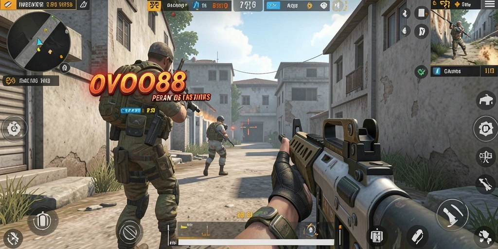 Screenshot gameplay OVO88 dengan aksi tembak-menembak yang intens.