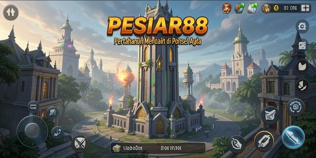 Tangkapan layar menunjukkan gameplay intens dalam PESIAR88 Tower Defense.